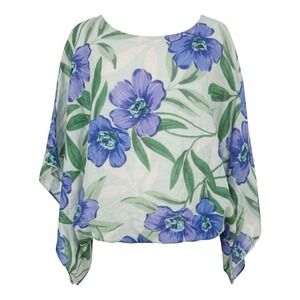 NEW Karen Kane 0X Linen Floral Kimono Sleeve Poncho Top Blue Green USA